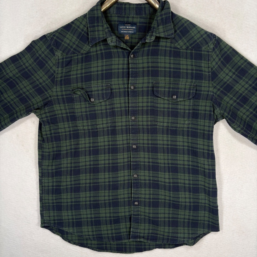 Lucky Brand Saturday Stretch Plaid Flannel Shirt Mens Large Green Navy Western